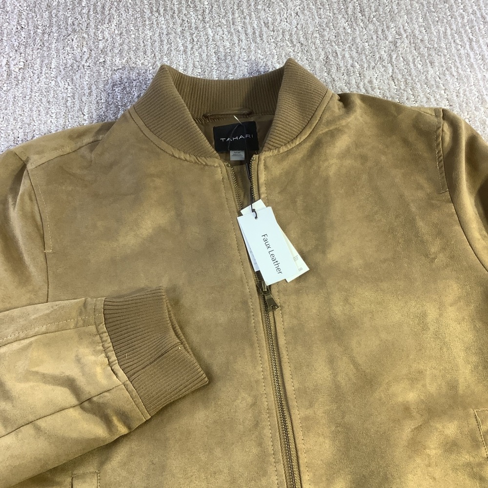 Tahari Mens Faux Leather Bomber Jacket Camel Tan Ribbed Collar Cuffs Size M NWT